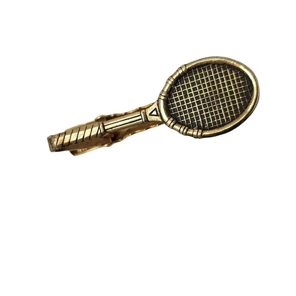 Textured Tennis Racket Tie Clip Bar Gold Tone Vintage - Picture 2 of 4